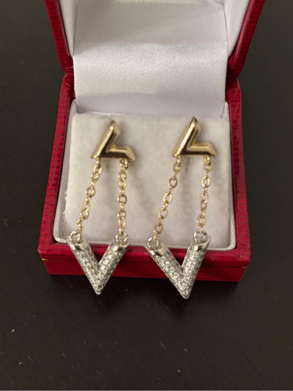 Two-Tone V Drop Earrings — Gold Chain with Silver V Charm